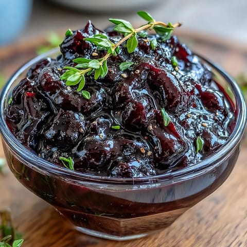 A small saucepan with simmering black currant glaze, a spoon lifting the thick, fruity sauce.  