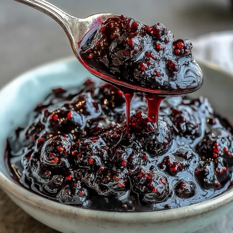 Perfectly cooked black currant sauce with a silky texture and tangy-sweet aroma, ideal for topping a slice of New York-style cheesecake.