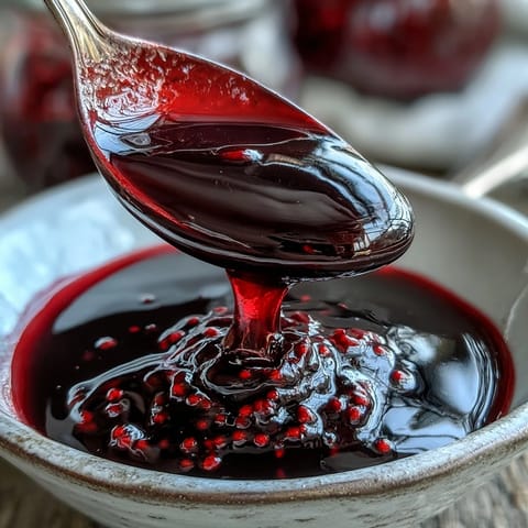 Vibrant Black Currant Syrup drizzled generously over a scoop of vanilla ice cream, ready to serve.