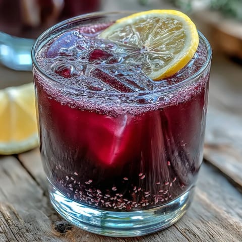 Close-up of Black Currant Shrub in a chilled glass with ice, garnished with fresh currants, highlighting its tangy-sweet aroma.