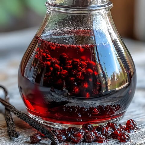 Glistening deep purple Crème de Cassis in a glass bottle, fresh blackcurrants scattered beside it on a rustic wooden table.