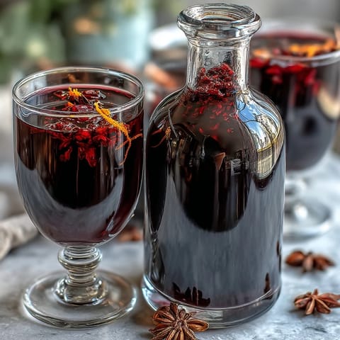 Rich homemade spiced blackcurrant vodka liqueur with deep berry flavor and warm cinnamon notes in a glass bottle.