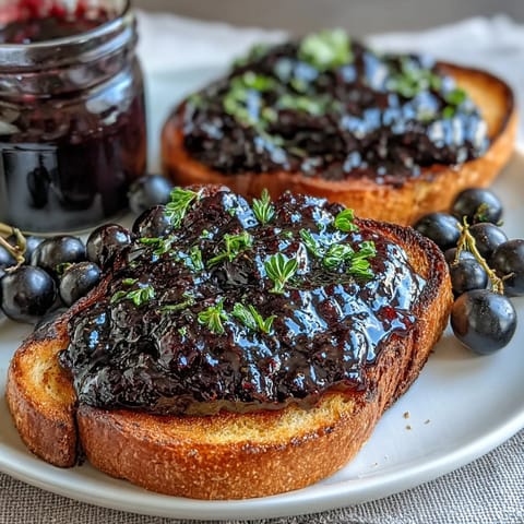 A jar of glossy black currant jelly, vibrant purple and ready to spread on warm toast or fill pastries.