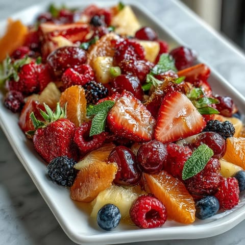 Vibrant spring fruit platter with strawberries, pineapple, and grapes, served with creamy honey-yogurt dipping sauce for a fresh and healthy appetizer.