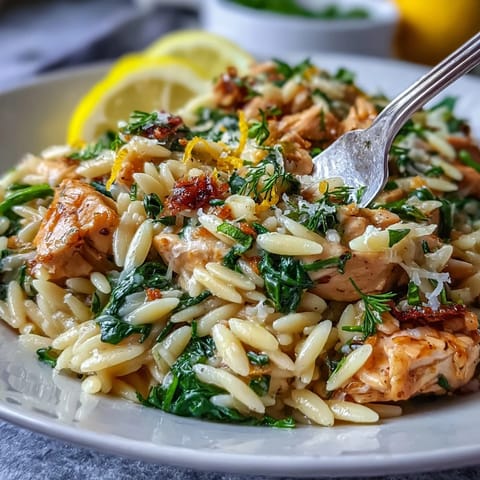 Creamy Lemon Orzo with Chicken and Spinach, a vibrant one-pan Mediterranean-inspired dinner.