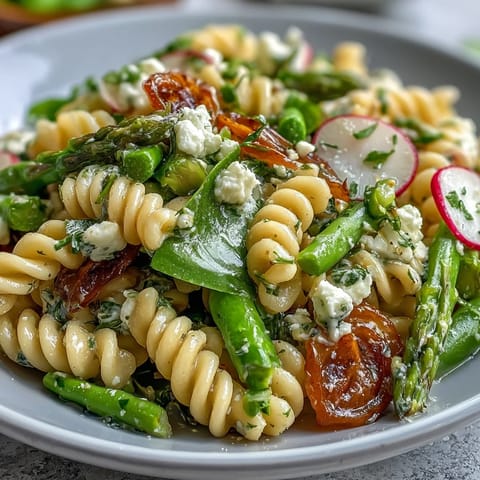 Vibrant spring pasta salad with lemon vinaigrette and crisp radishes, tossed with tender asparagus and sugar snap peas.