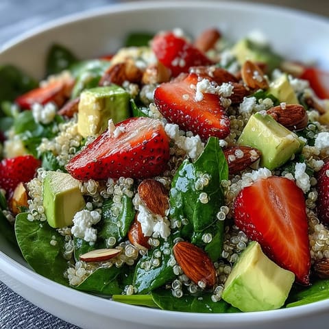 Vibrant strawberry avocado quinoa salad with fresh spinach, basil, and citrus dressing.