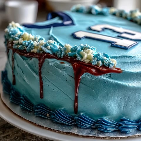 Graduation sports jersey cake shaped and decorated like a real jersey, perfect for celebrating a boys milestone with team spirit and flair.