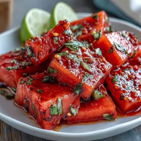 Juicy watermelon wedges sprinkled with Tajin and fresh lime juice, offering a refreshing and spicy treat.