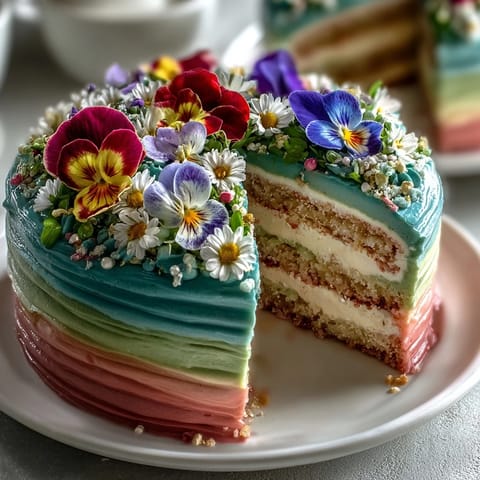 A stunning Pastel Ombre Spring Cake with soft gradient layers and a crown of edible flowers.