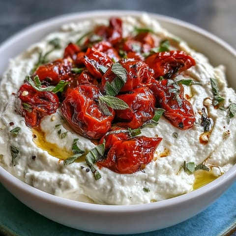 Whipped feta dip with roasted cherry tomatoes, garnished with fresh basil and a drizzle of olive oil.  