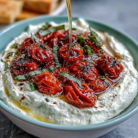 Creamy whipped feta topped with sweet, caramelized cherry tomatoes, served with warm pita bread.  