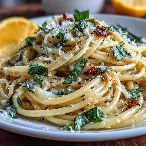 A vibrant spring pasta limone with silky lemon-butter sauce, parmesan, and fresh basil, perfect for a quick vegetarian dinner.  