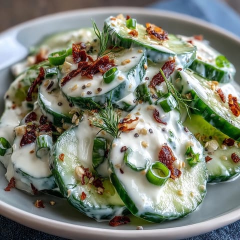 Fresh cucumber salad with everything bagel dressing, crisp and tangy with creamy Greek yogurt and crunchy seasoning.