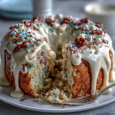Layered Funfetti Dip Cake topped with cheerful sprinkles and edible spring candies, ideal for birthdays and spring gatherings.