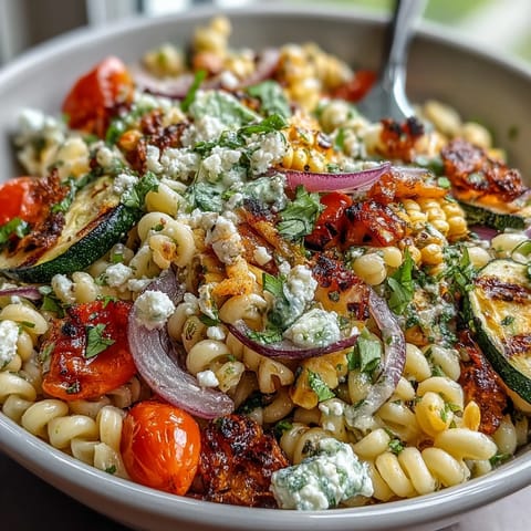 A vibrant summer pasta salad with smoky grilled zucchini, sweet corn, and tangy Cotija cheese, tossed in zesty lime dressing.