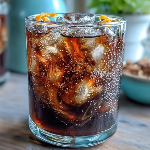 Cold brew coffee tonic with orange zest served over ice in clear glasses, garnished with fresh orange peel.  