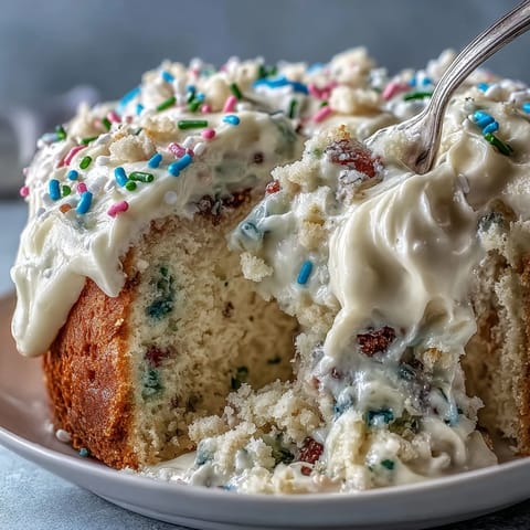 Vibrant Spring Birthday Party Sprinkle Funfetti Dip Cake with creamy funfetti frosting and rainbow sprinkles, perfect for festive celebrations.