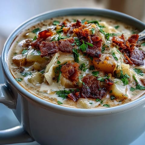 Warm bowl of Cabbage Corn Chowder featuring crisp bacon, shredded cabbage, and golden potatoes, perfect for a comforting meal.  