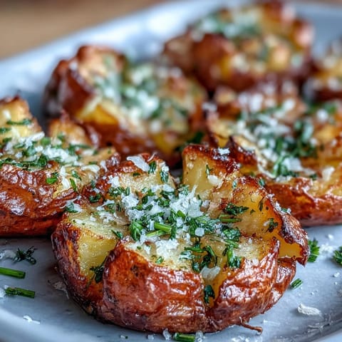 Crispy smashed potatoes with golden edges and fresh herbs, perfect for a comforting side dish.  