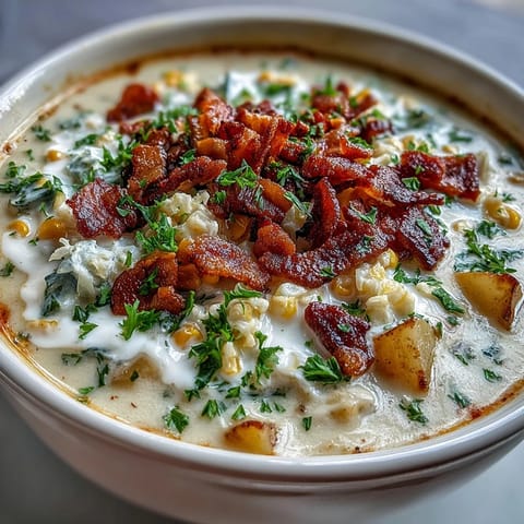 Hearty Cabbage Corn Chowder with smoky bacon, tender potatoes, and sweet corn in a creamy broth, garnished with fresh parsley.  