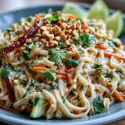 Vibrant Thai peanut noodle salad with crisp vegetables and creamy lime dressing in a white bowl.  