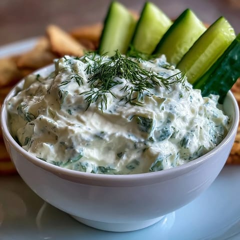 Vibrant Skyr Tzatziki Dip, boasting cool cucumber and fresh dill, perfect for dipping.