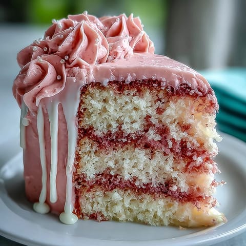 Blush pink Bridal Shower Rosé Velvet Cake with shimmering gold drip.