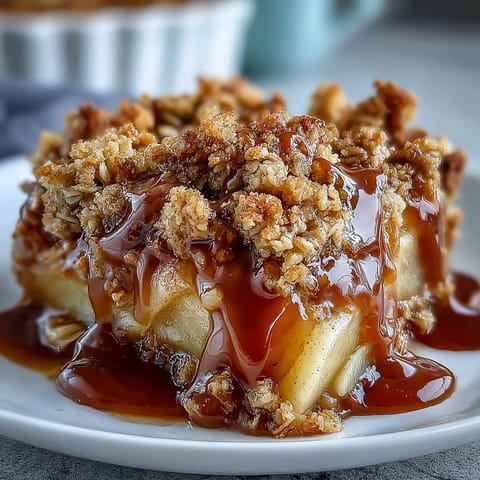 Warm Father's Day Whiskey Caramel Apple Crisp with golden crumble and bubbling caramel.