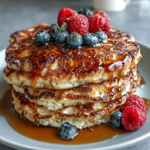 Golden Icelandic Skyr Pancakes piled high with berries, ready for breakfast.