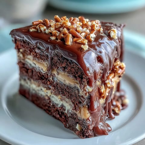 Decadent Father's Day Chocolate Peanut Butter Pretzel Cake with ganache drip.