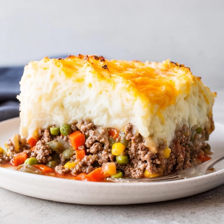 Close-up of savory Rustic Shepherds Pie, warm steam rising, topped with browned, melted cheese.