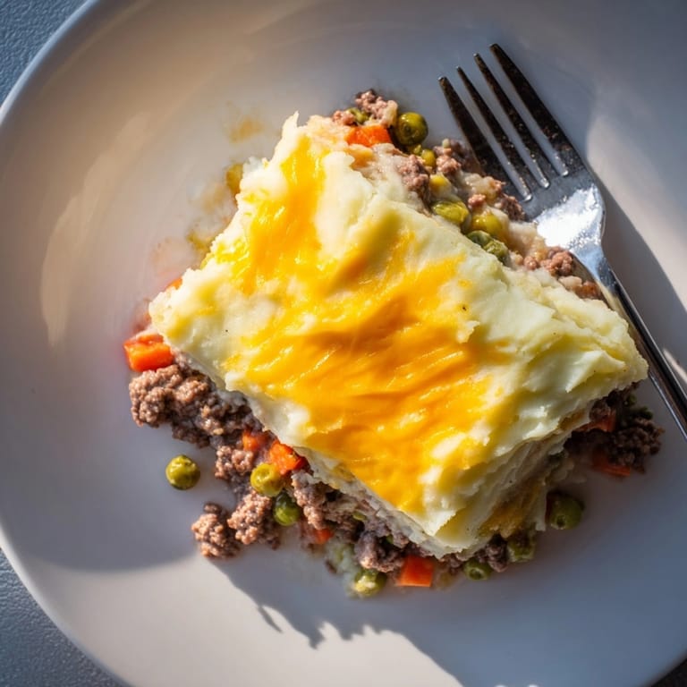 Homemade Rustic Shepherds Pie with Cheesy Potato Topping – rich lamb and vegetable filling.