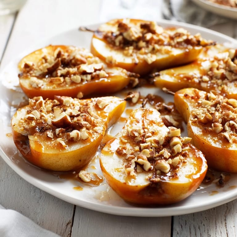 Golden, baked Maple-Warm Cozy Plate, featuring tender pears glistening with maple syrup and nuts.