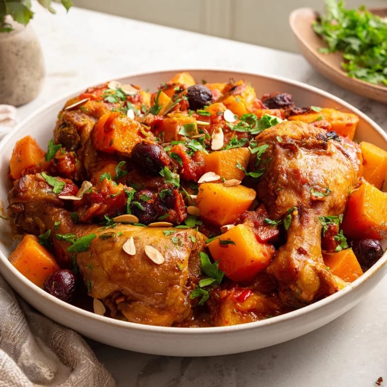 Close-up of a delightful soft spice slow-cooker chicken and sweet potato tagine, perfect for any weeknight dinner.