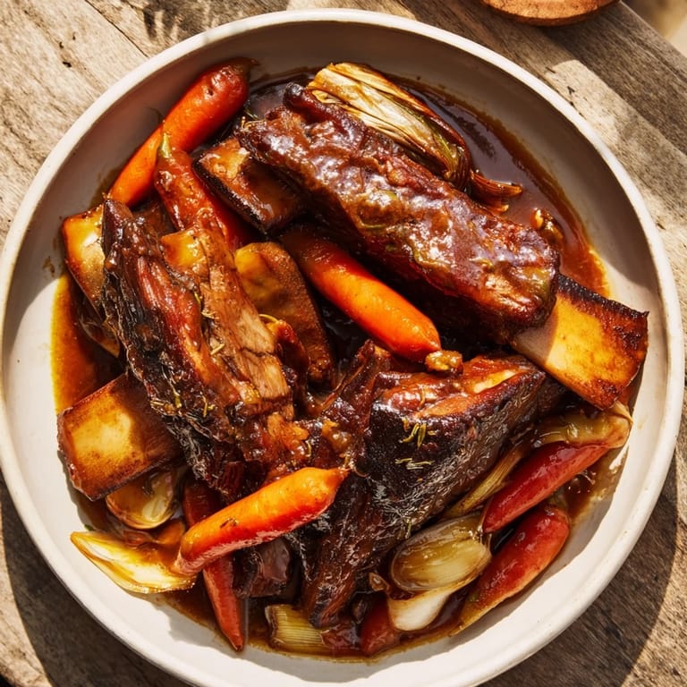 Hearty One-Pot Amber-Glowed Beer-Braised Short Ribs with fall-apart meat and vibrant vegetables, perfect for a chilly night.