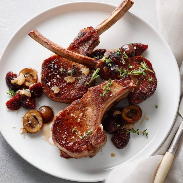 A close-up view of tender Plum-Soft Pork Chops alongside vibrant plums, with a savory, glossy glaze.
