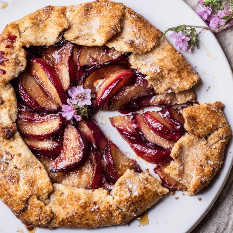 Freshly baked Honey and Plum Galette, showing off a delightful, bubbling plum filling in a golden crust.