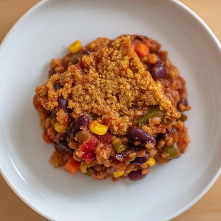 Hearty Rustic Wheat-Warm Chili: a flavorful vegetarian chili bubbling, topped with fluffy, baked cornbread.