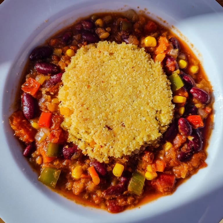 Close-up of a warm, comforting bowl of Rustic Wheat-Warm Chili, ready to serve and enjoy.