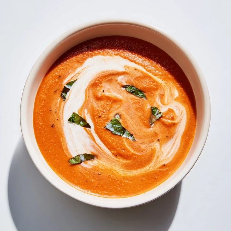 A close-up of a smooth, vibrant Whisked Weeknight Creamy Tomato and Basil Soup ready to serve.