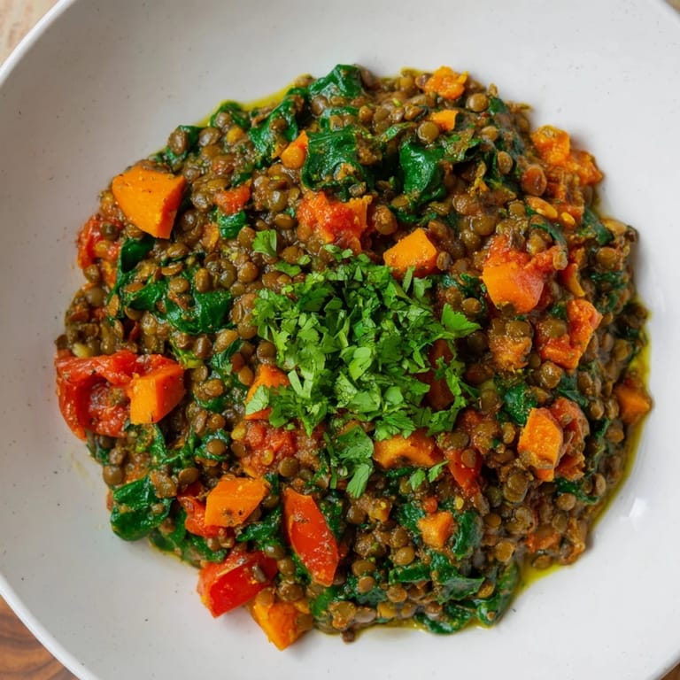A close-up of vibrant Lentil and Spinach Curry, inviting and flavorful, ready to be enjoyed.