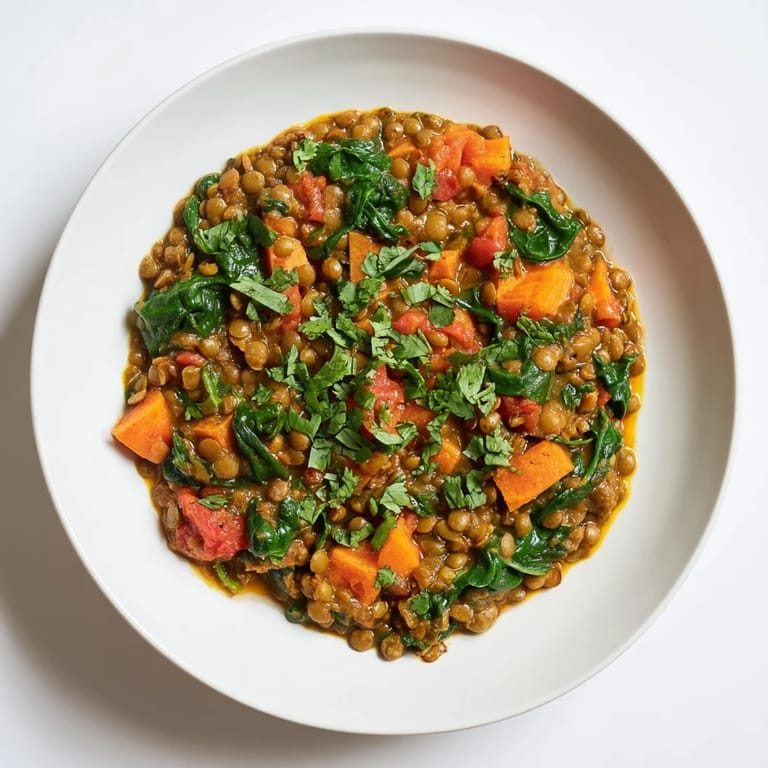 Earthy Lentil and Spinach Curry simmering with spices and vegetables, perfect for a vegan dinner.