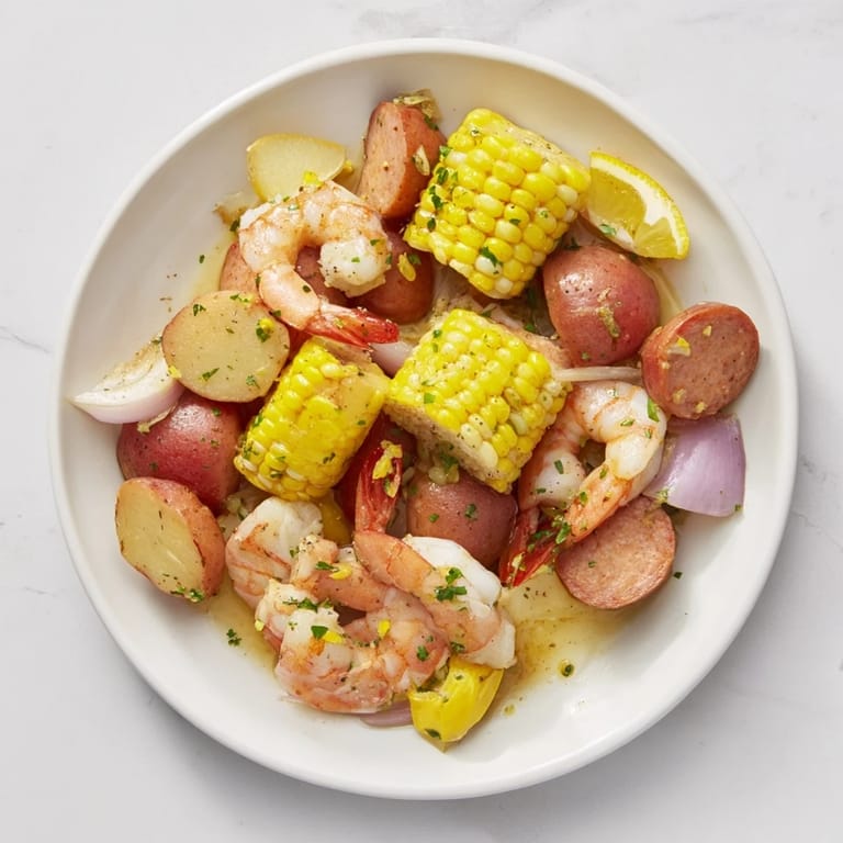 Golden, buttery Seaside-Inspired Shrimp Boil with sausage and potatoes arranged for a flavorful feast!