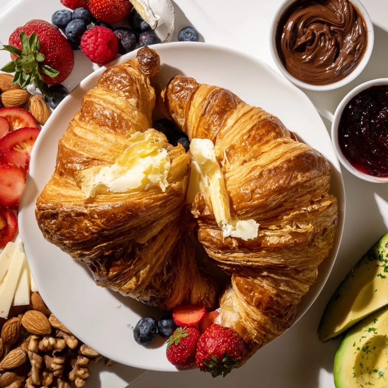 A close-up of a Cozy Fireplace Croissant Board showcases warm croissants alongside jam and cheeses, ready to enjoy.