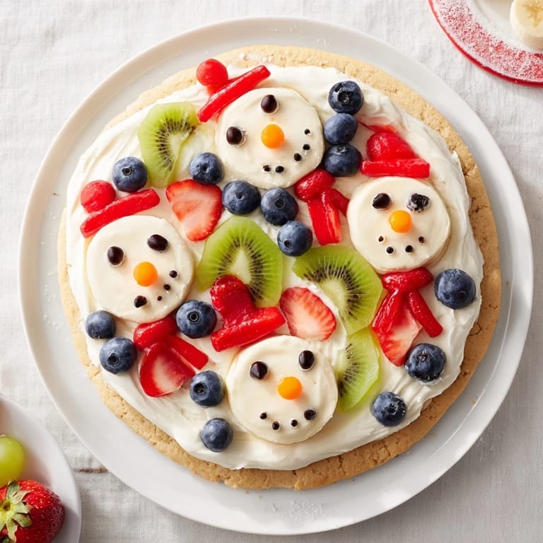 Freshly-made Melting Snowman Fruit Pizza: a festive dessert with creamy frosting and bright berries.