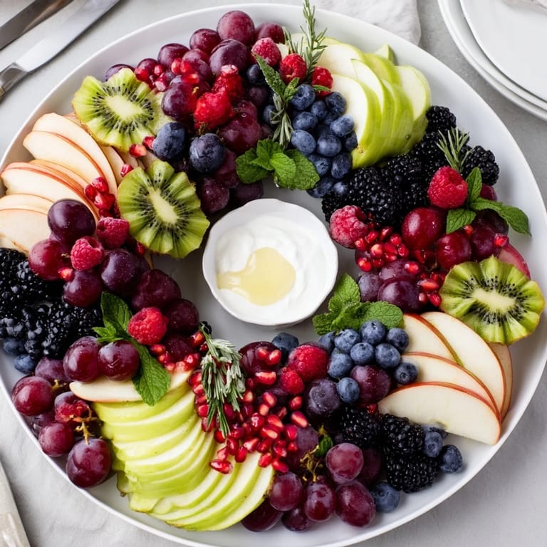 A festive holiday Winter Berry Wreath Fruit Board arranged, featuring colorful grapes, berries, and sliced fruit.