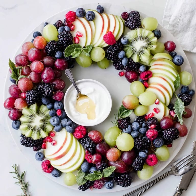 Close-up of a delicious Winter Berry Wreath Fruit Board showing a delightful assortment of fresh fruits.