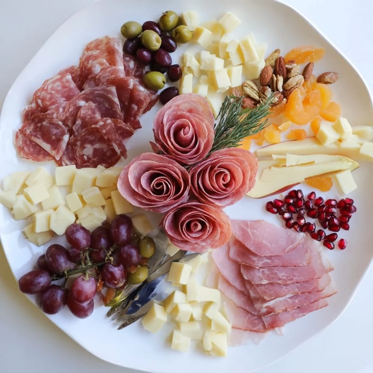 Festive holiday charcuterie board featuring salami and prosciutto meat rose arrangements.