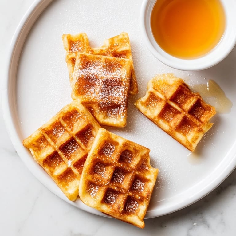 Sweet maple syrup alongside delicious waffle quarters, a delightful American breakfast experience.